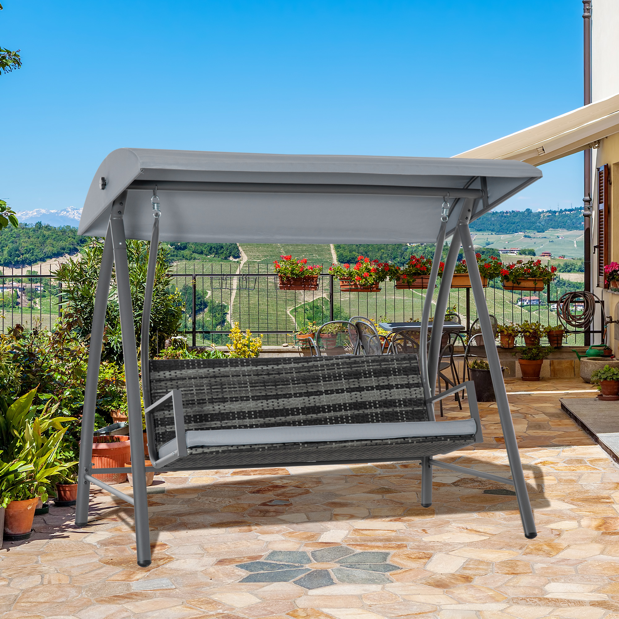 Cadeira de balanço de jardim Outsunny de 3 lugares em rattan com cobertura ajustável e almofada removível com zíper para uso externo em varandas e pátios, capacidade de carga de 360 kg, 198 x 124 x 179 cm, cinza
