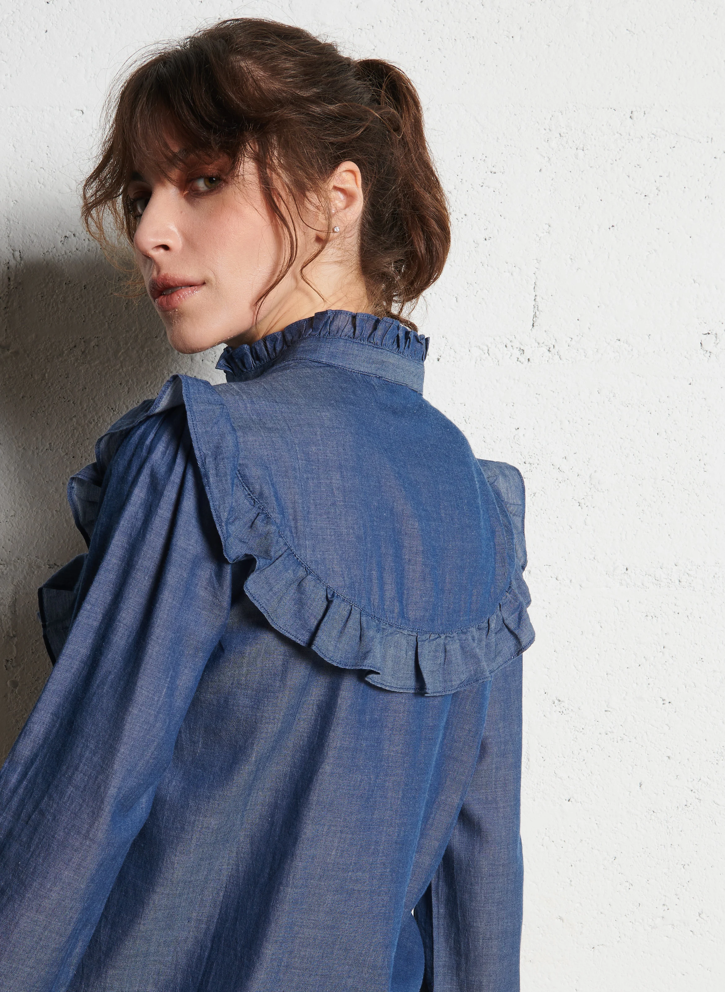 NOELYNE - Blouse droite brodée en coton | Bleu