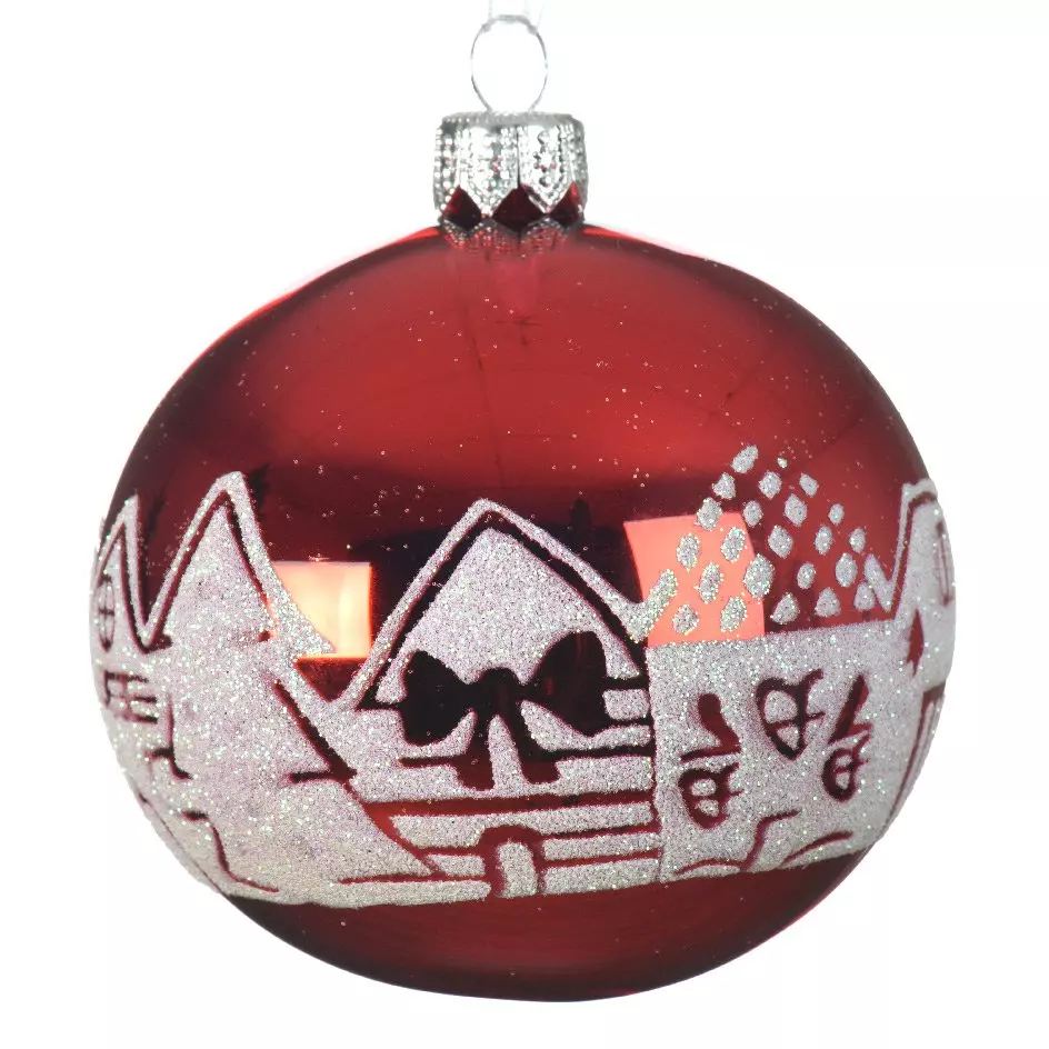 Lot de 6 boules de Noël en verre (D80 mm) Maison enneigée Rouge