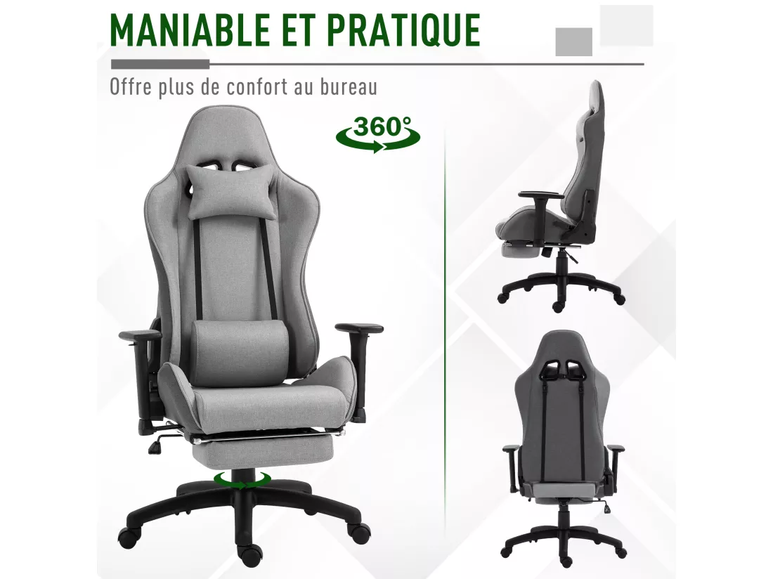 Vinsetto Fauteuil de bureau manager grand confort repose-pied tétière + coussin lombaires intégrés dossier inclinable accoudoirs réglables lin gris