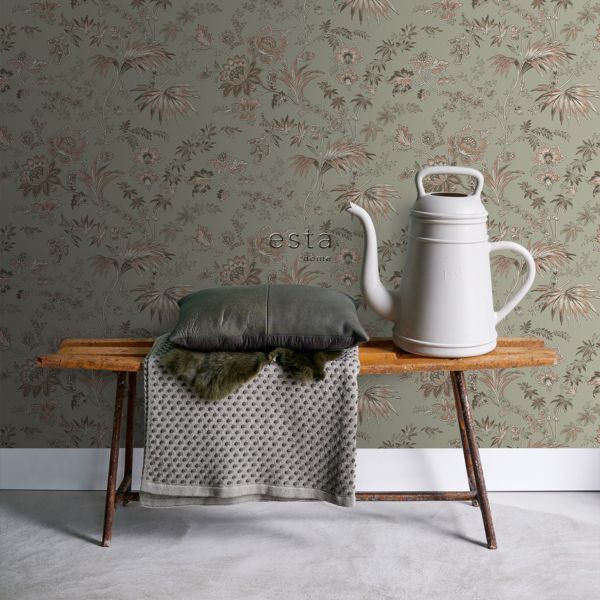 Estahome Vintage Bloemen Behang II - 0,53 x 10,05 m - Donkerblauw / Olijfgroen