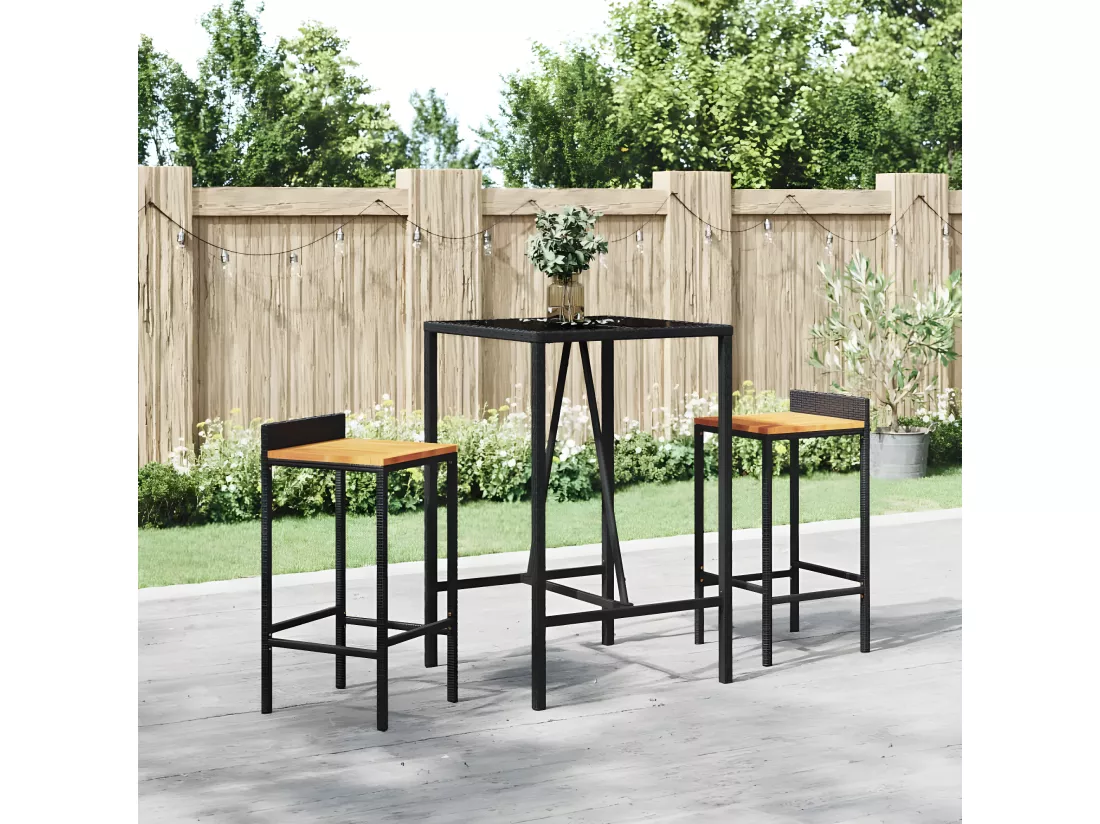 Prolenta Premium - Table de bar et dessus en verre noir 70x70x110 cm poly rotin