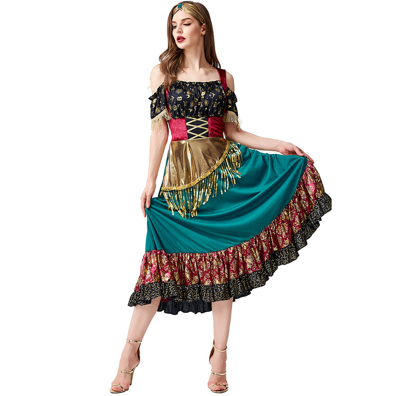 (160-170cm) Fasnachts Erwachsenen Kostüm Wahrsagerin Gypsy Tanzkleid Verkleidung für Motto Partys / Halloween inkl. Haarband - Türkis / Gold