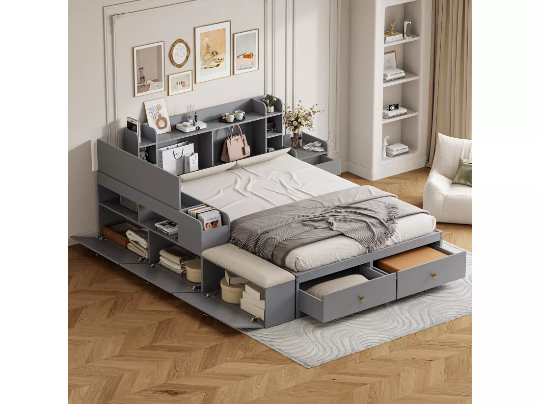 Lit combiné enfant 140 x 200 cm - Avec rangement - Avec 2 tiroirs - Avec table de chevet - Avec grand meuble de rangement - Avec tabouret - Gris (sans matelas)