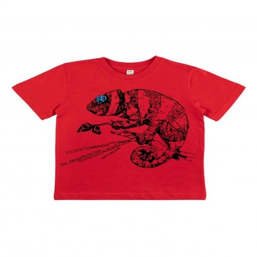 Camiseta infantil de manga curta com estampa de totem animal, em algodão orgânico, com camaleão vermelho.