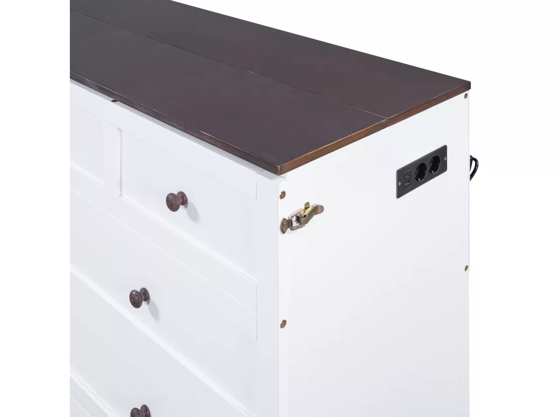 Lit escamotable 140x200 cm en bois - avec prises USB et rangements - Blanc