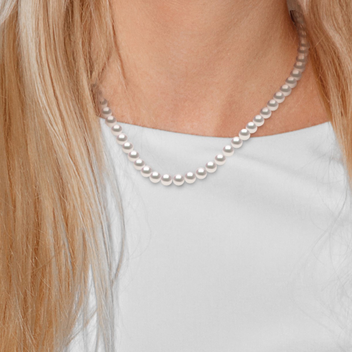 Collier Rang Perles AKOYA JAPONAISE Rondes 7,5-8 mm Anneau Marin Prestige Or Blanc 18 Carats