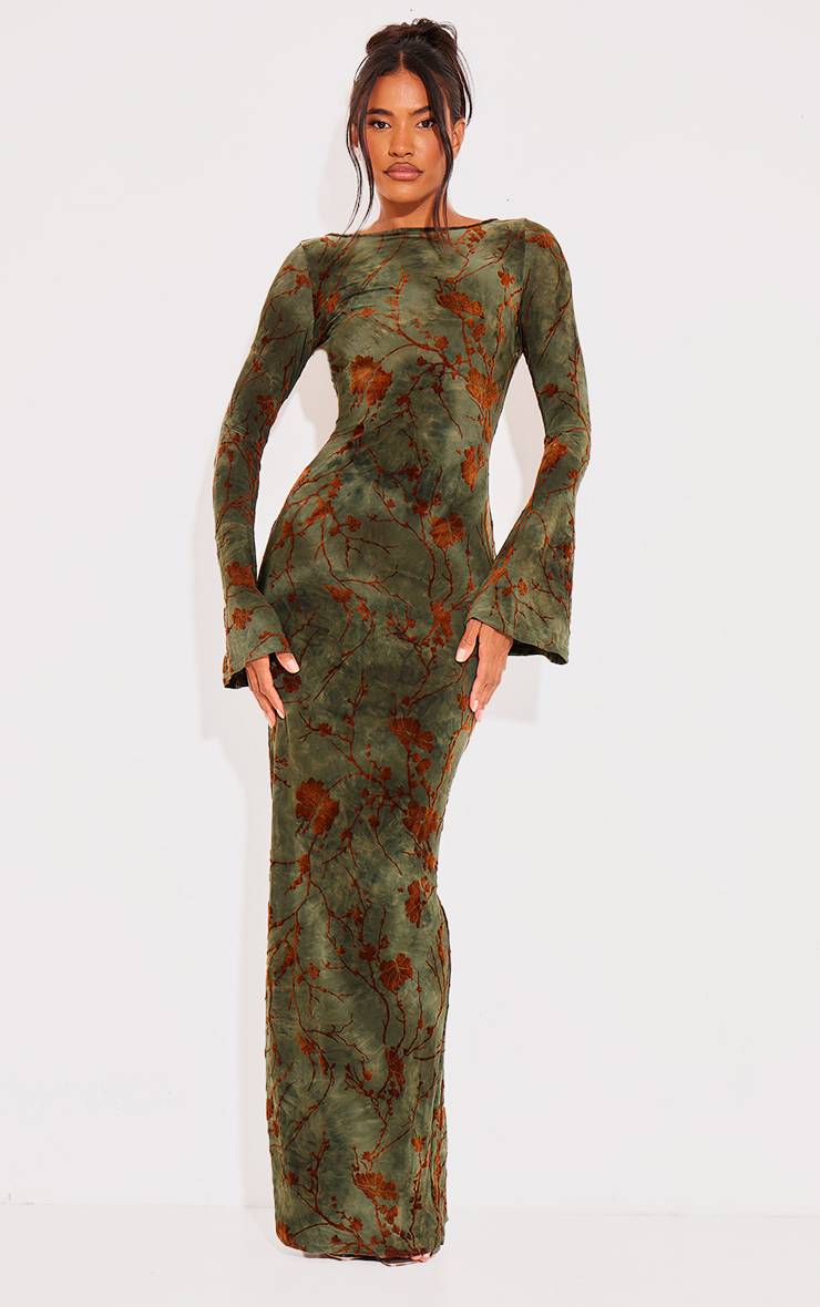 Vert Robe Longue Maxi À Manches Longues En Dévoré Fleuri