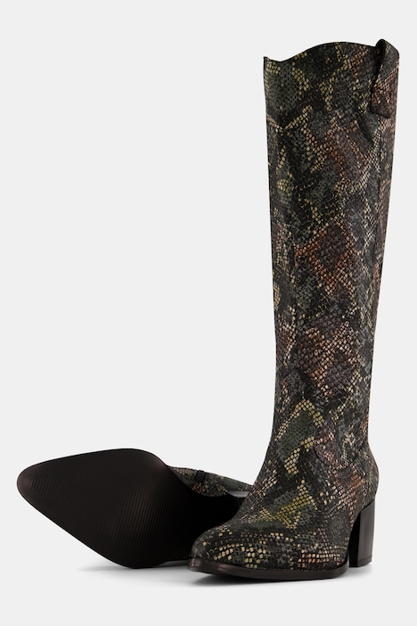 Lederstiefel, XXL-Schaft, Schlangenlederoptik, Weite H