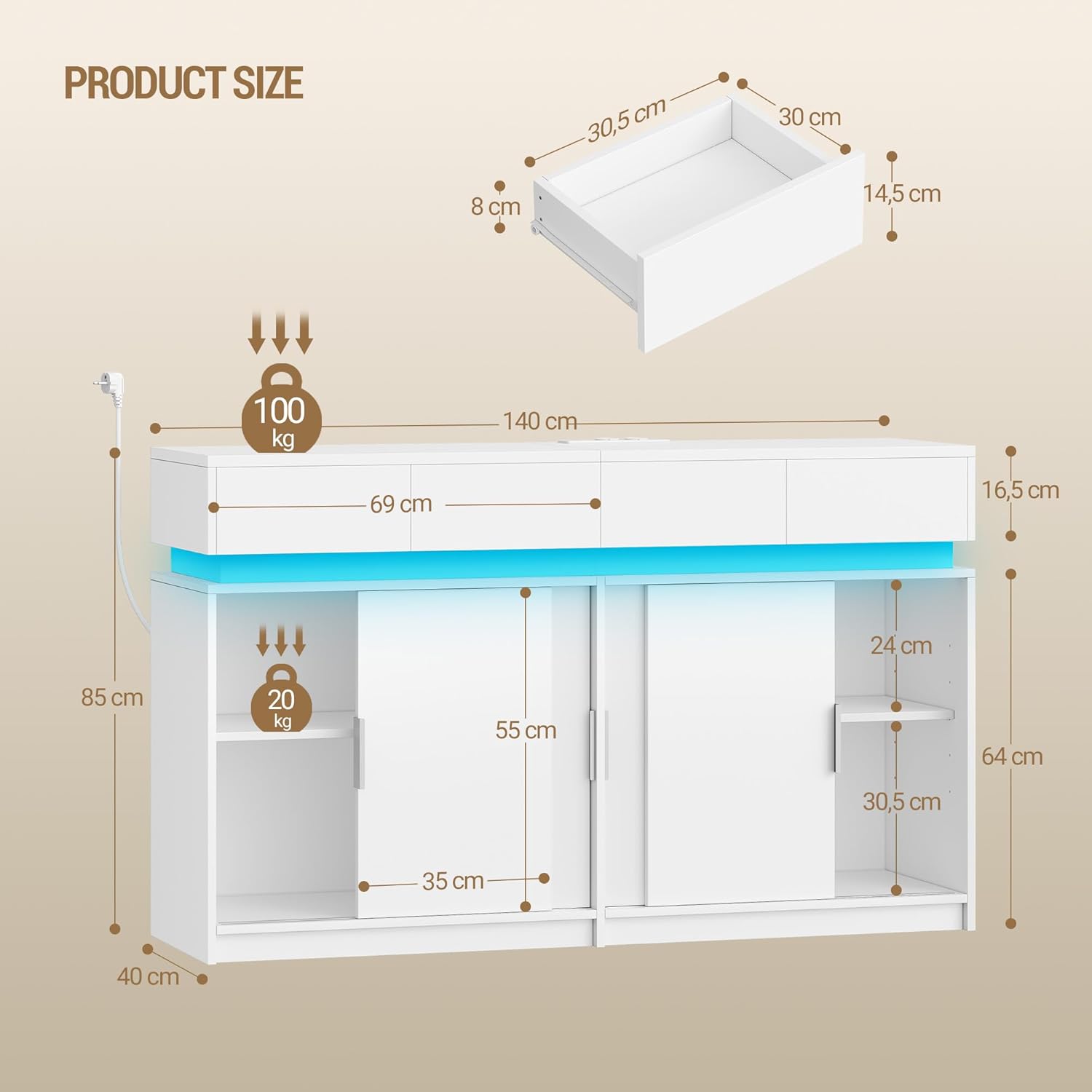 Hzuaneri Sideboard mit 4 Schubladen, Küchenschrank mit 4 Schiebetüren, Buffetschrank mit Steckdosenleiste und LED-Licht, verstellbares Regal, Küche, Wohnraum, 40 x 140 x 85 cm, Weiß SC00403XEU