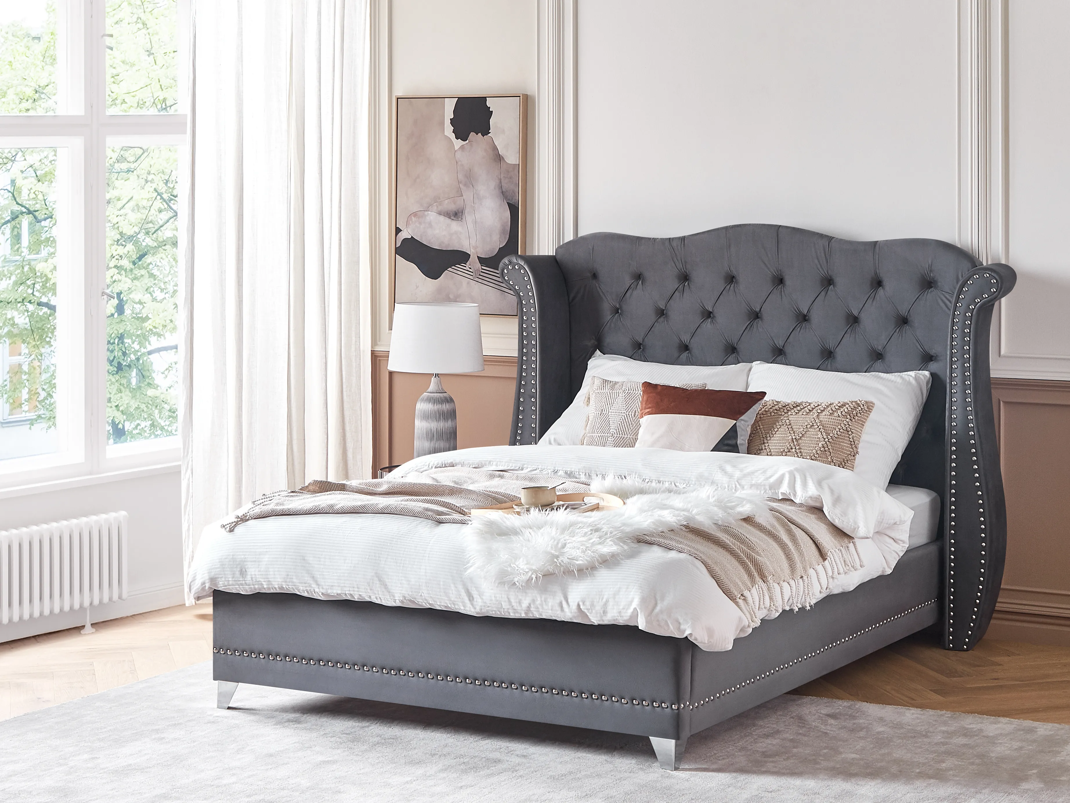 Bed Fluweel AYETTE 160 x 200 cm Grijs