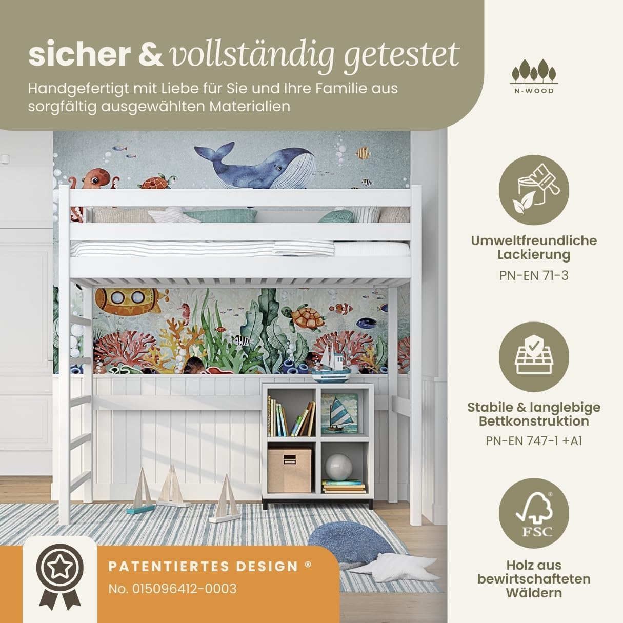 N01 Hochbett Holz 120x200 cm, Etagenbett mit Leiter, 2 Leitermontageseiten: Links oder rechts, sichere abgerundete Kanten, Stabile Massivholzkonstruktion, Weiß