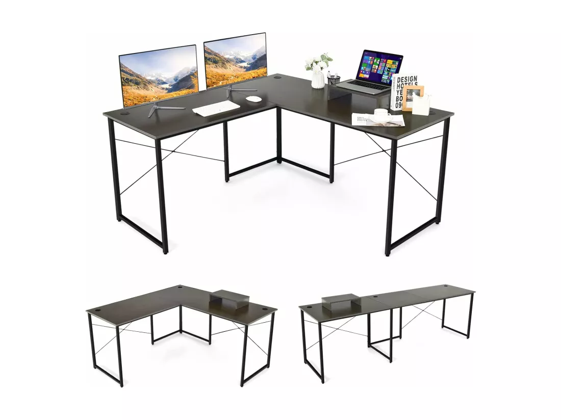 Bureau d'angle en L Réversible avec Support de Moniteur/Poste de Travail Industriel pour 2 Personnes avec 3 Trous de Câble-Assemblage Facile-150 x 150 x 74 CM, Brun