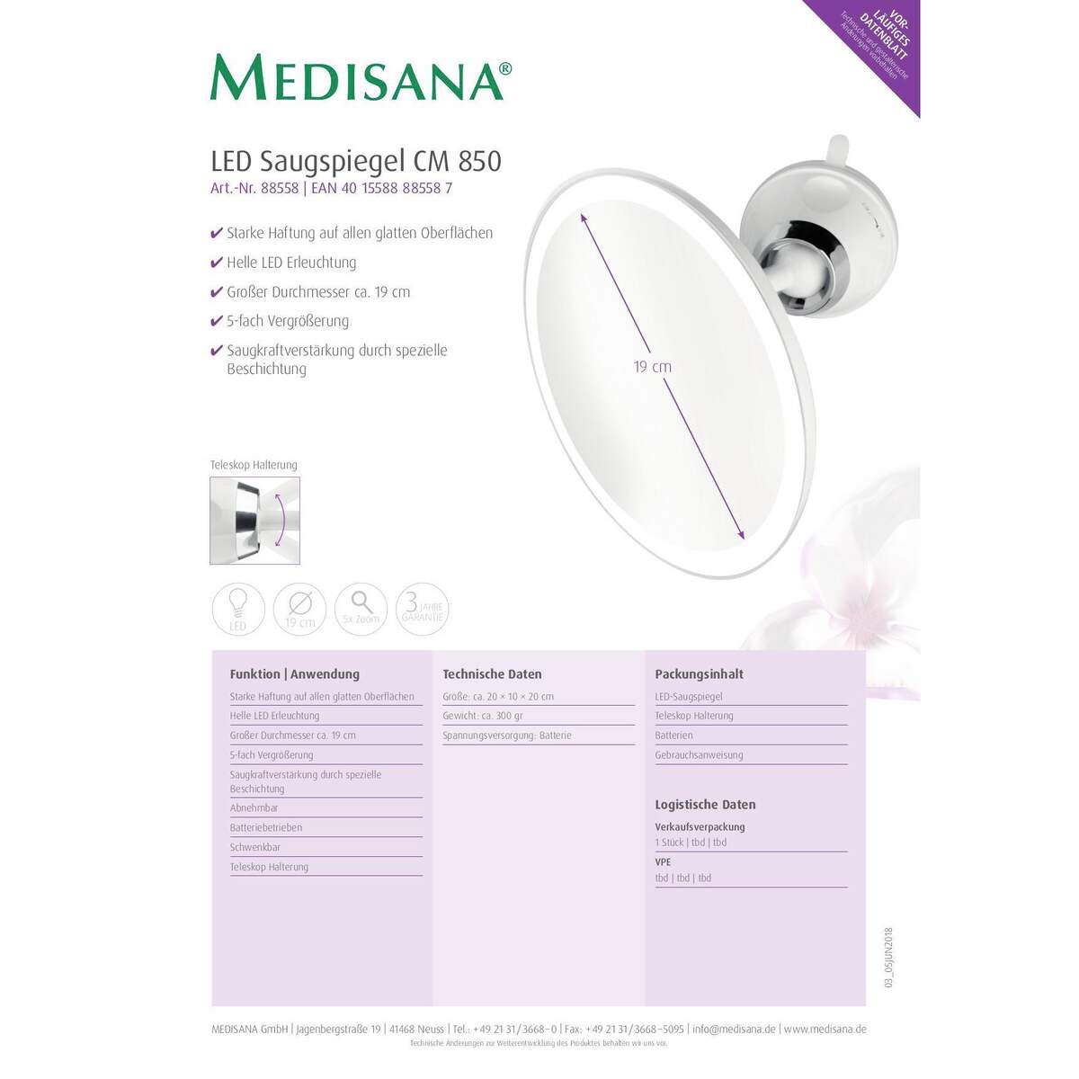 LED-Kosmetik-Saugspiegel Medisana weiss