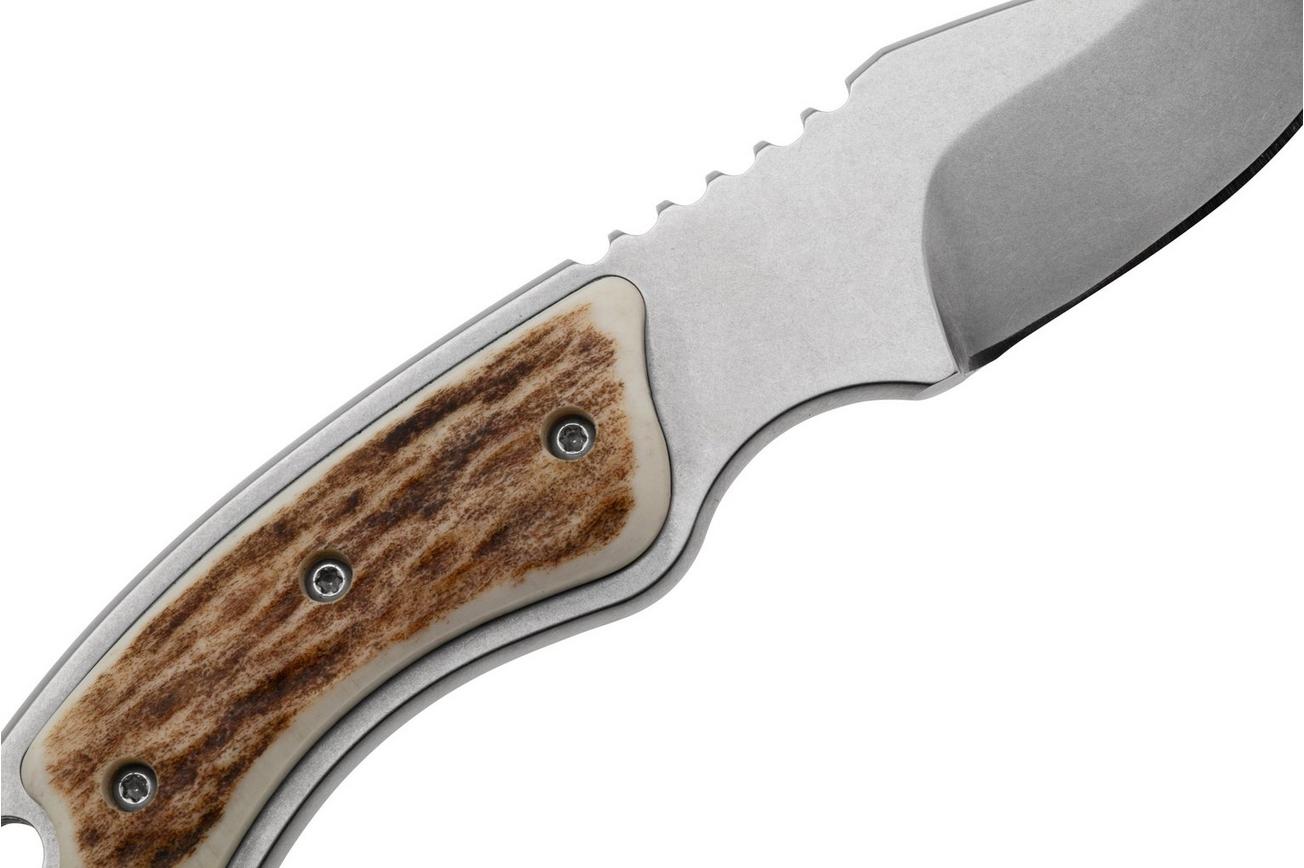 Maserin Mini Trapper 924-CV-1 Stonewashed Elmax, Stag Horn, Leather Button Sheath, klein vaststaand jachtmes