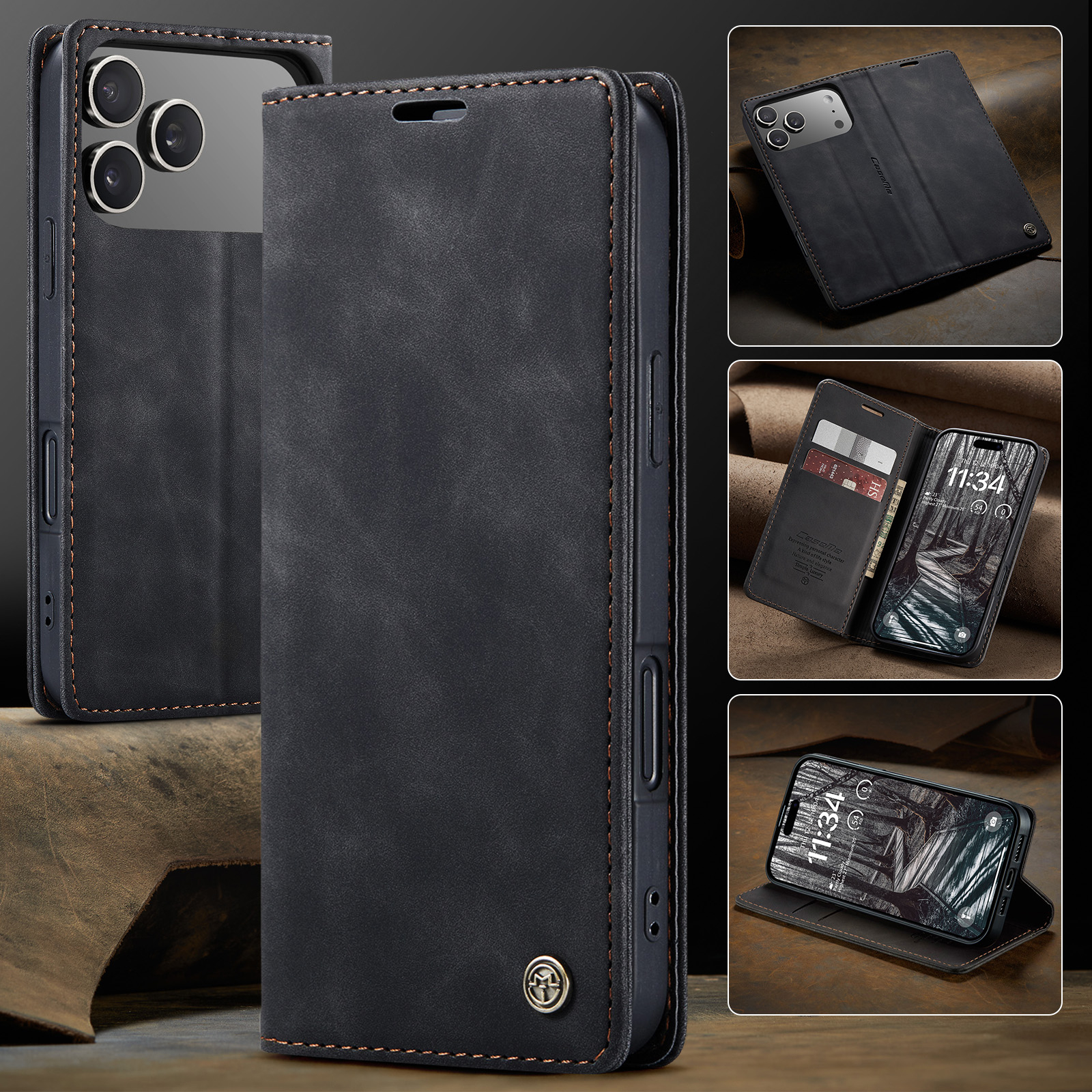 iPhone 17 Pro Max Leder Tasche Flip Wallet Etui mit Kartenfächern - Schwarz