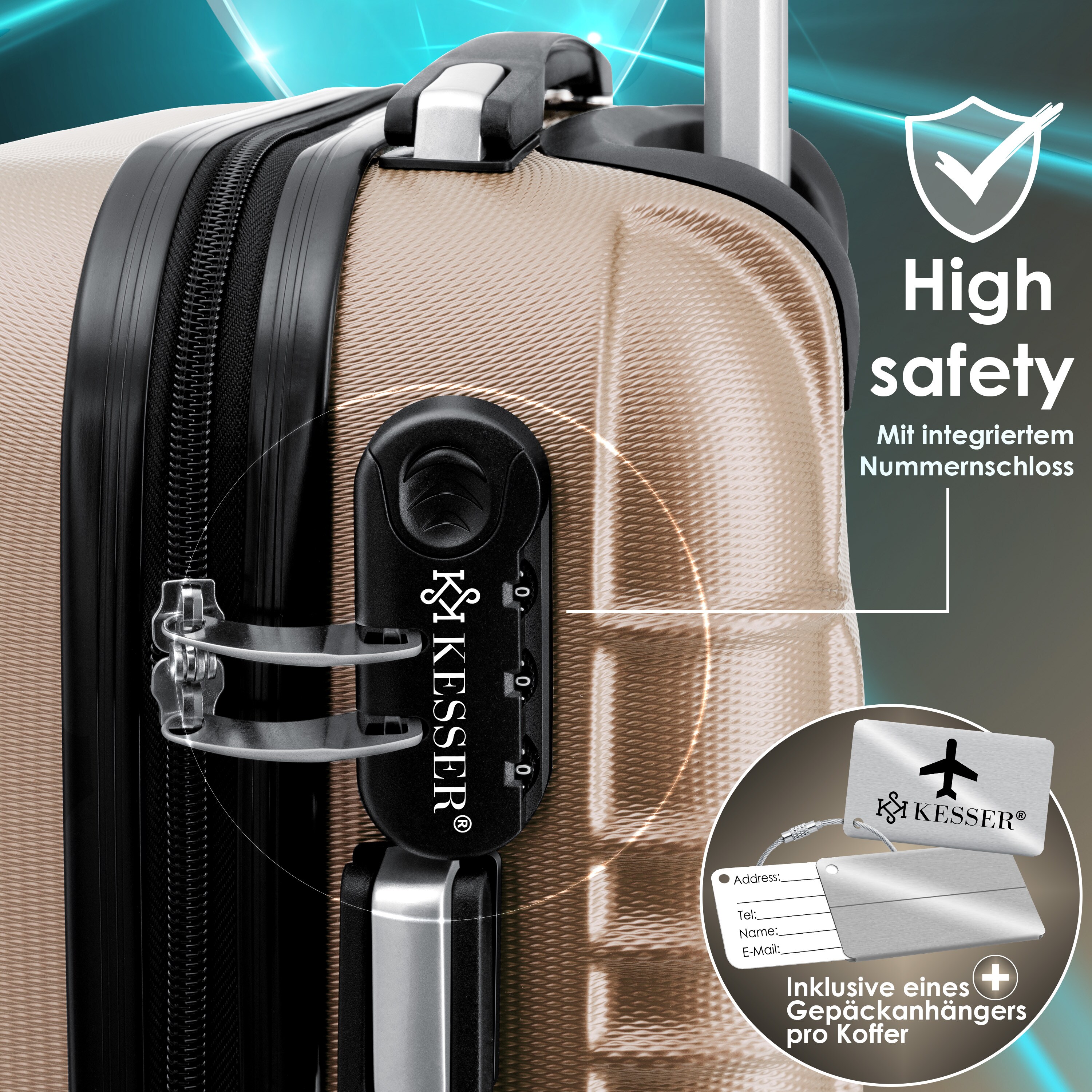 KESSER® Reisekoffer Hartschalen-Koffer Inkl. Kofferwaage + Gepäckanhänger Trolley Gepäck Rollkoffer Zahlenschloss 4 Rollen ABS-Hartschale Teleskopgriff
