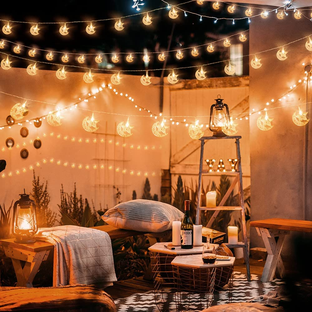 (3m) 20 LED's Ramadan Deko Lichterkette Halbmond / Stern Eid Mubarak Beleuchtung (Batteriebetrieben) - Warmweiss