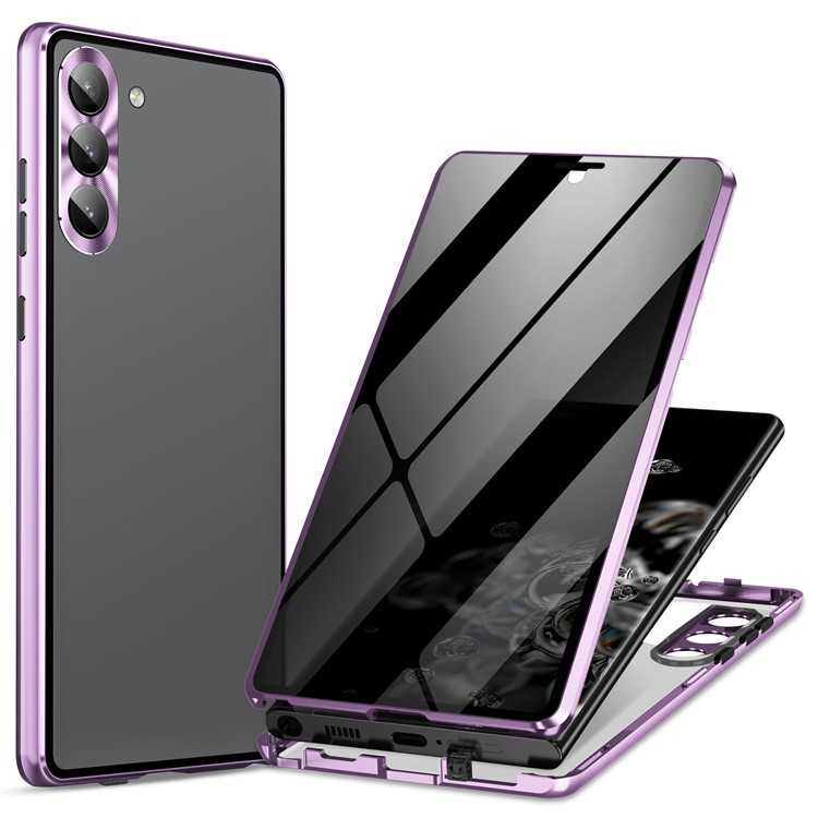 Samsung Galaxy S24  Plus Magnetische Alu Schutzhülle mit Panzer Glas Backcover   Privacy Display- / Kameraglasschutz (Verschlussmechanismus) - Lila