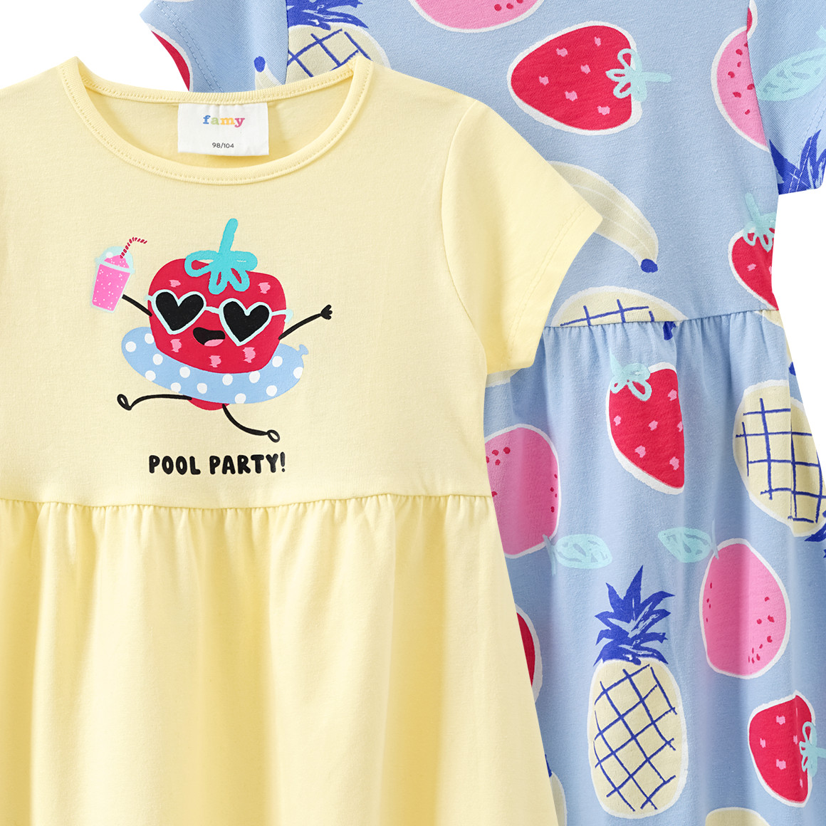 Famy 2 Mädchen Kleider mit bunten Motiven hellgelb / hellblau