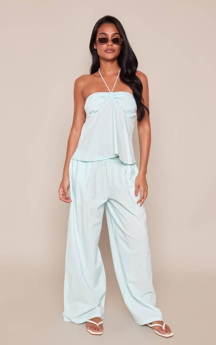 Bleu Layette Ensemble Coordonné Top Court Dos-nu Froncé En Lin