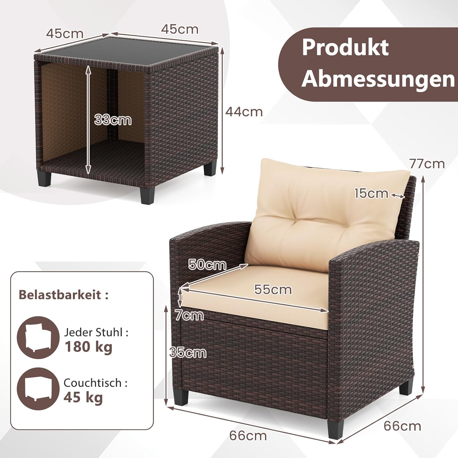 COSTWAY Gartenmöbel Set, Rattan Balkonmöbel inkl. 2 Stühle mit Sitzkissen & Tisch, Gartenlounge Outdoor, Sitzgruppe Set, 3-TLG. Terrassenmöbel Wetterfest für Balkon, Terrasse, Garten, Braun