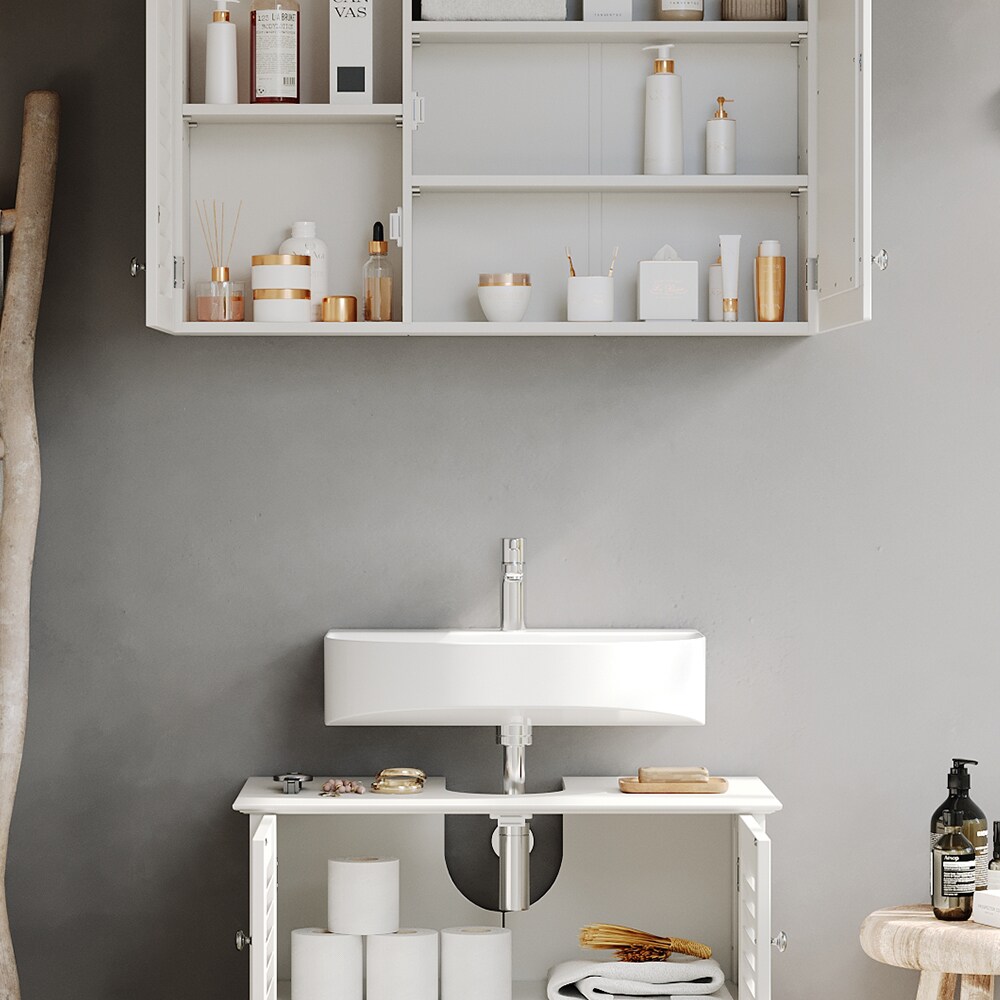 Vicco Badmöbel-Set Riad, Weiß, Badezimmer, moderne Badserie, Lamellen-Front, Waschtischunterschrank, Spiegelschrank