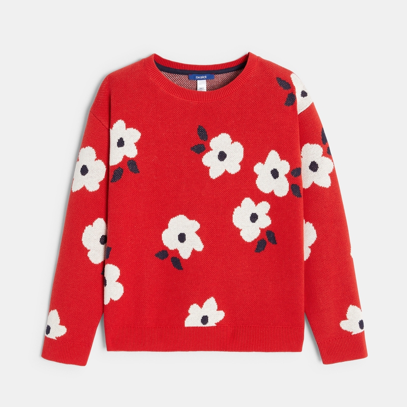 Pull jacquard à fleurs bleu fille