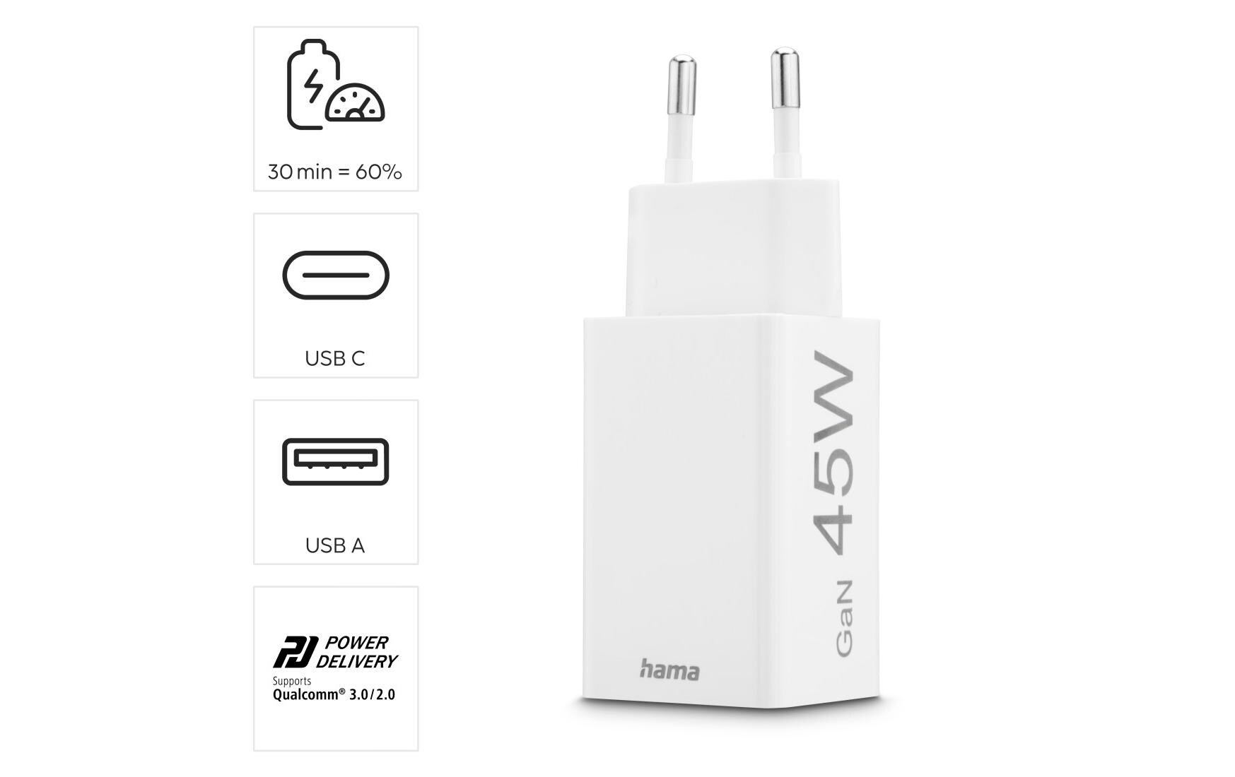 USB-Wandladegerät Gan charger USB-A USB-C 45 W WeissSchnellladegerät mit 1x USB-C und 1x USB-A