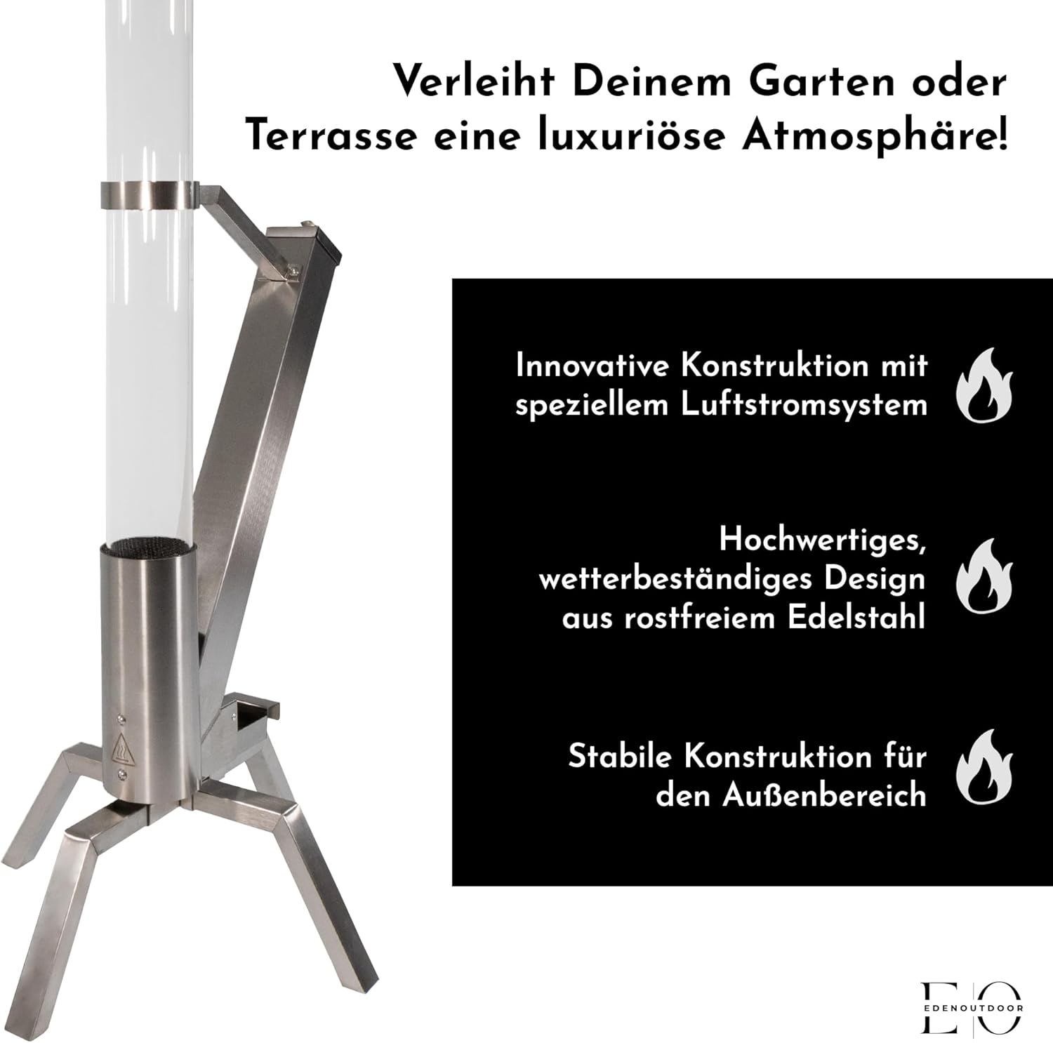 Pelletfackel Edelstahl mit Glasröhre, Feuerrohr Feuersäule mit ca. 75 Minuten Brenndauer, dekoratives Pelletfeuer für Garten & Terrasse, wetterfestes Terrassenfeuer für gemütliche Abende