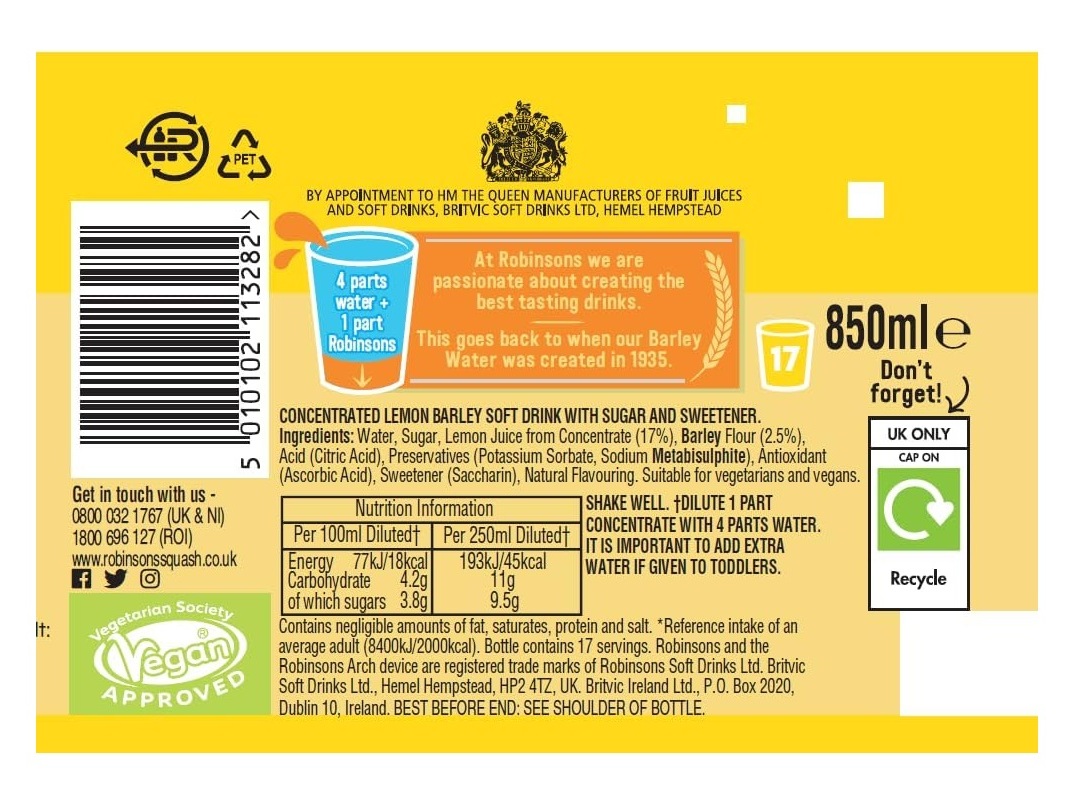 ÁGUA DE CEVADA ROBINSONS LIMÃO 850ML
