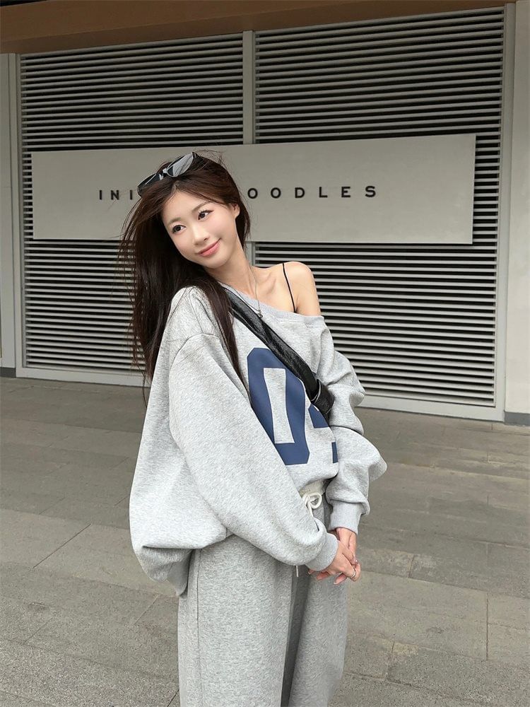 satierra - Off Shoulder Numbering Pullover / High Waist Wide Leg Sweatpants