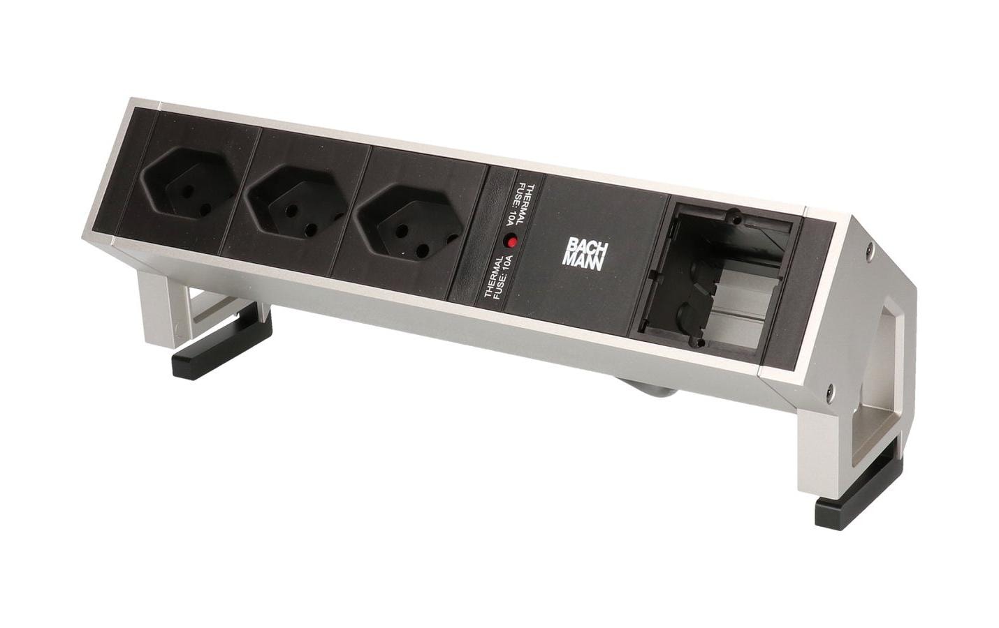 Tischsteckdosenleiste DESK 2 3x T13, 1x ABD<br>Steckdosenleiste, 2x T13 Buchsen 90°, 1x Custom, Inox