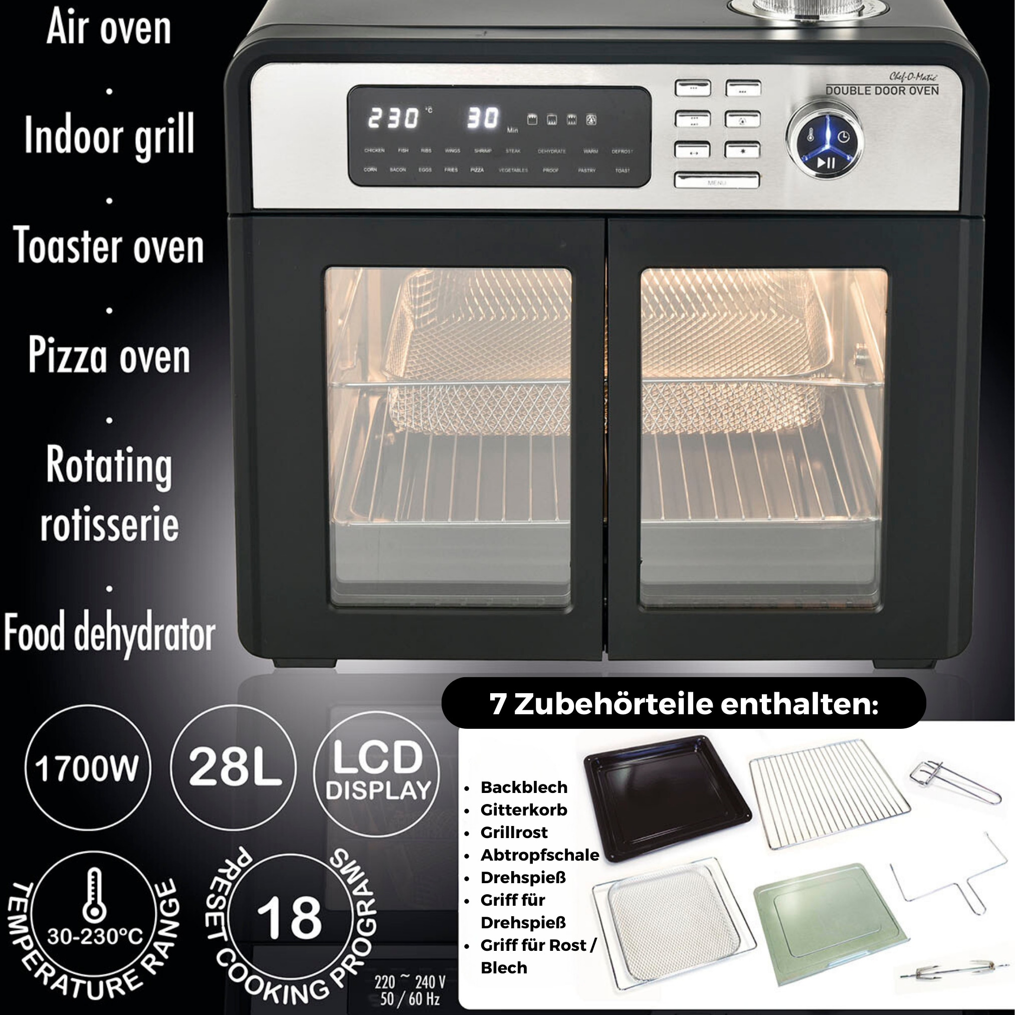 Best Direct® XXL Heißluft Backofen - Minibackofen mit Drehspieß Chef O Matic Double Door Oven