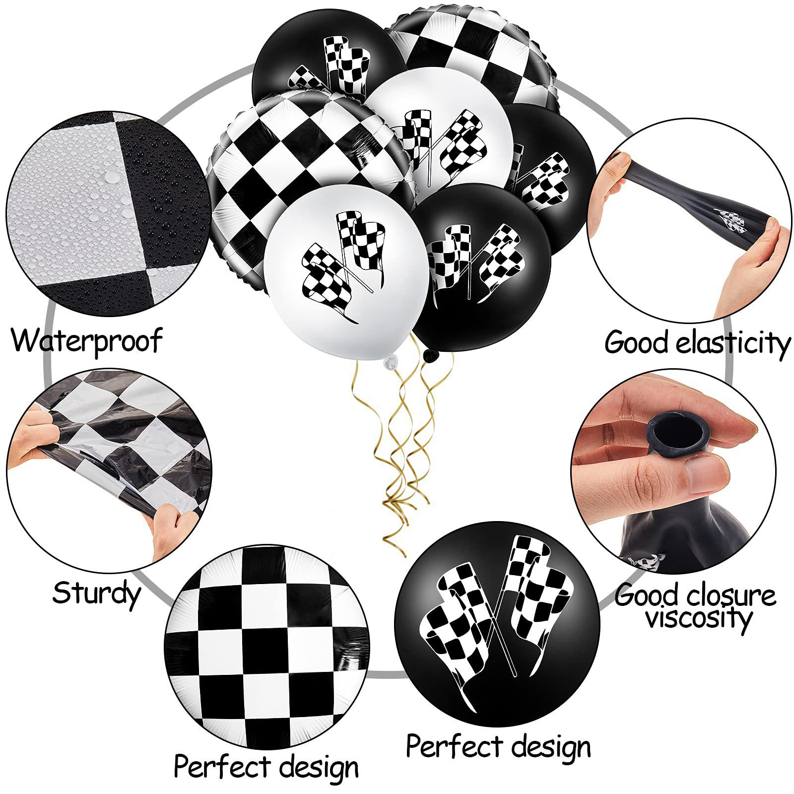 (12-tlg. Set) Auto Rennen Folien Ballons Car Rennauto Party Deko   Latex Luftballons - Schwarz / Weiss