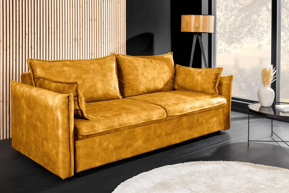 Design Schlafsofa APARTMENT 215cm senfgelb Samt 3-Sitzer Couch inkl. Bettkasten