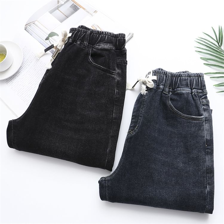 Krezol - Plus Size Trekkoord Taille Applique Washed Tapered Jeans