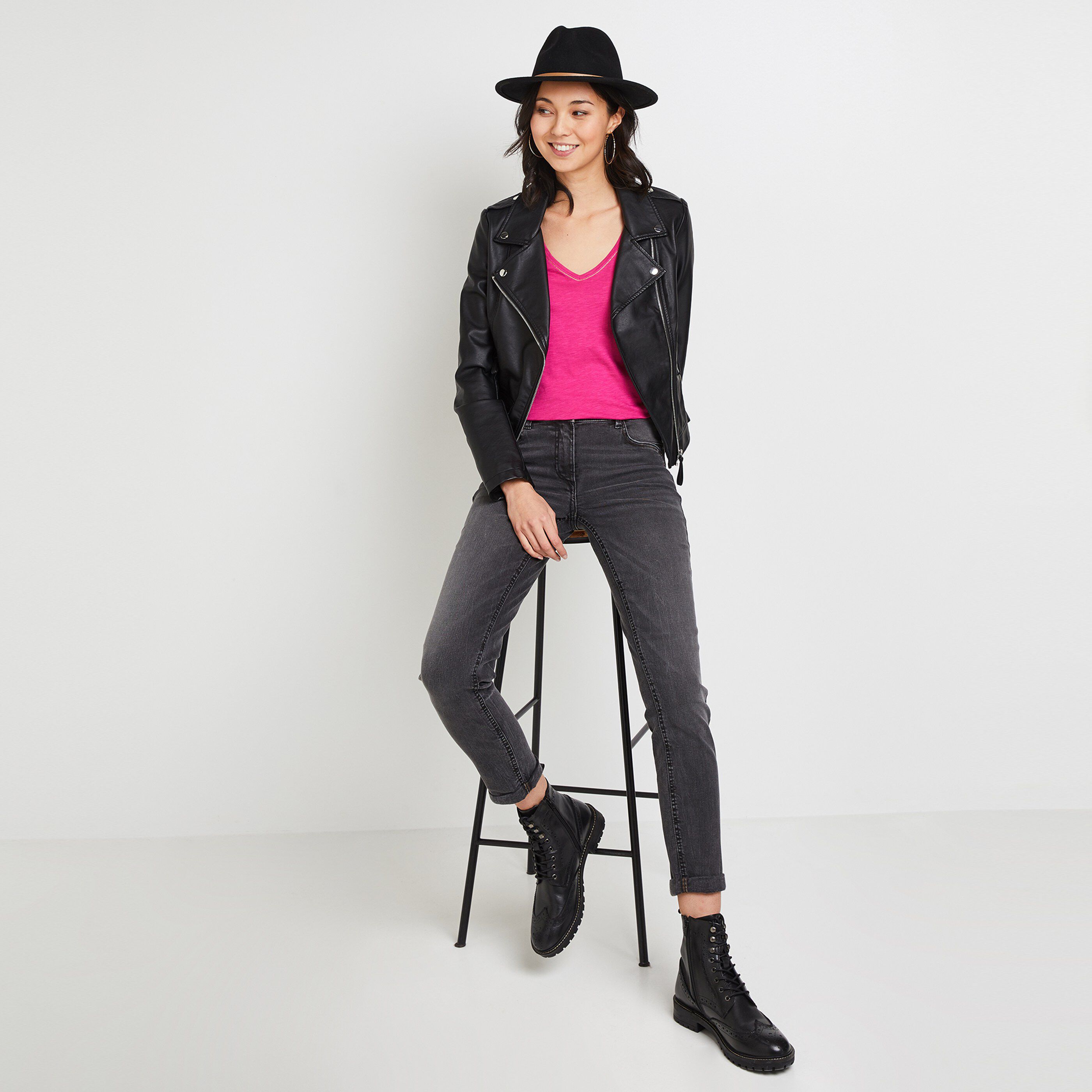 T-shirt manches courtes V femme - ROSE