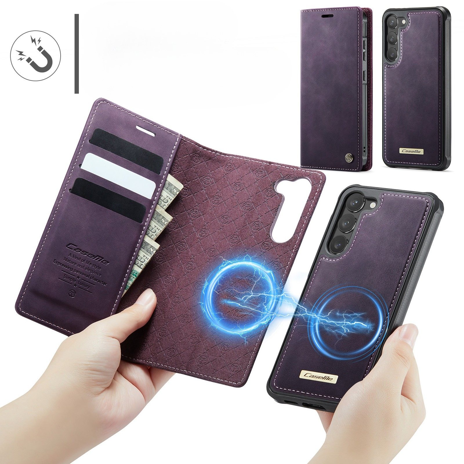 Samsung Galaxy S23 5G 2in1 Leder Tasche   Magnet Hardcase Karten Etui MagSafe-Modul (RFID Schutz) - Lila