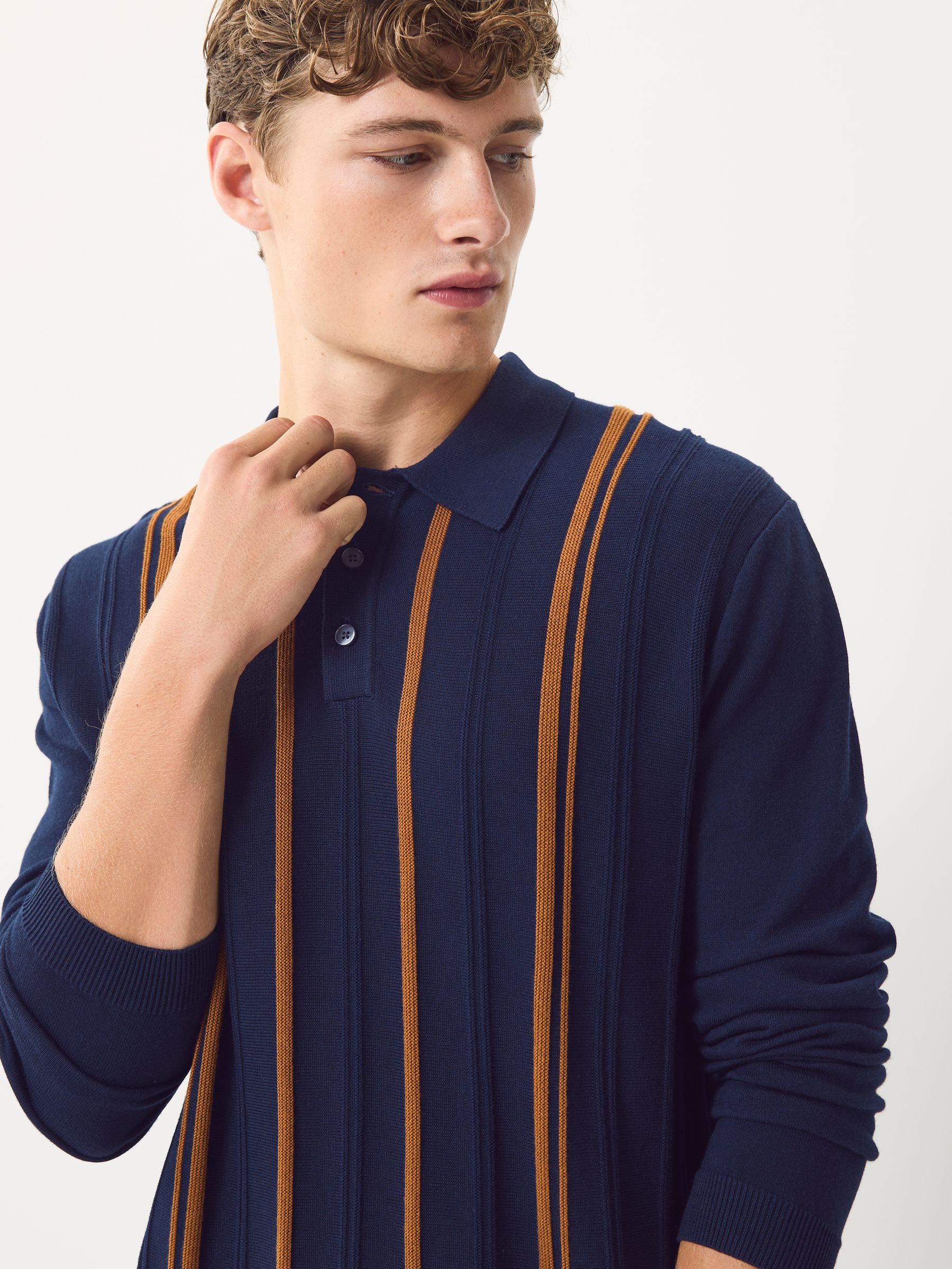 Donkerblauw - Regular-fit poloshirt met lange mouwen, streepdessin en hoog katoengehalte