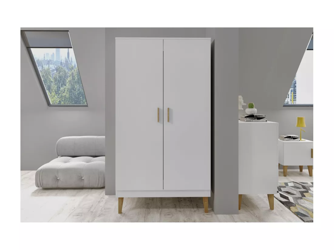 Armoire 2 Portes blanche et pieds en bois de chêne Blanka