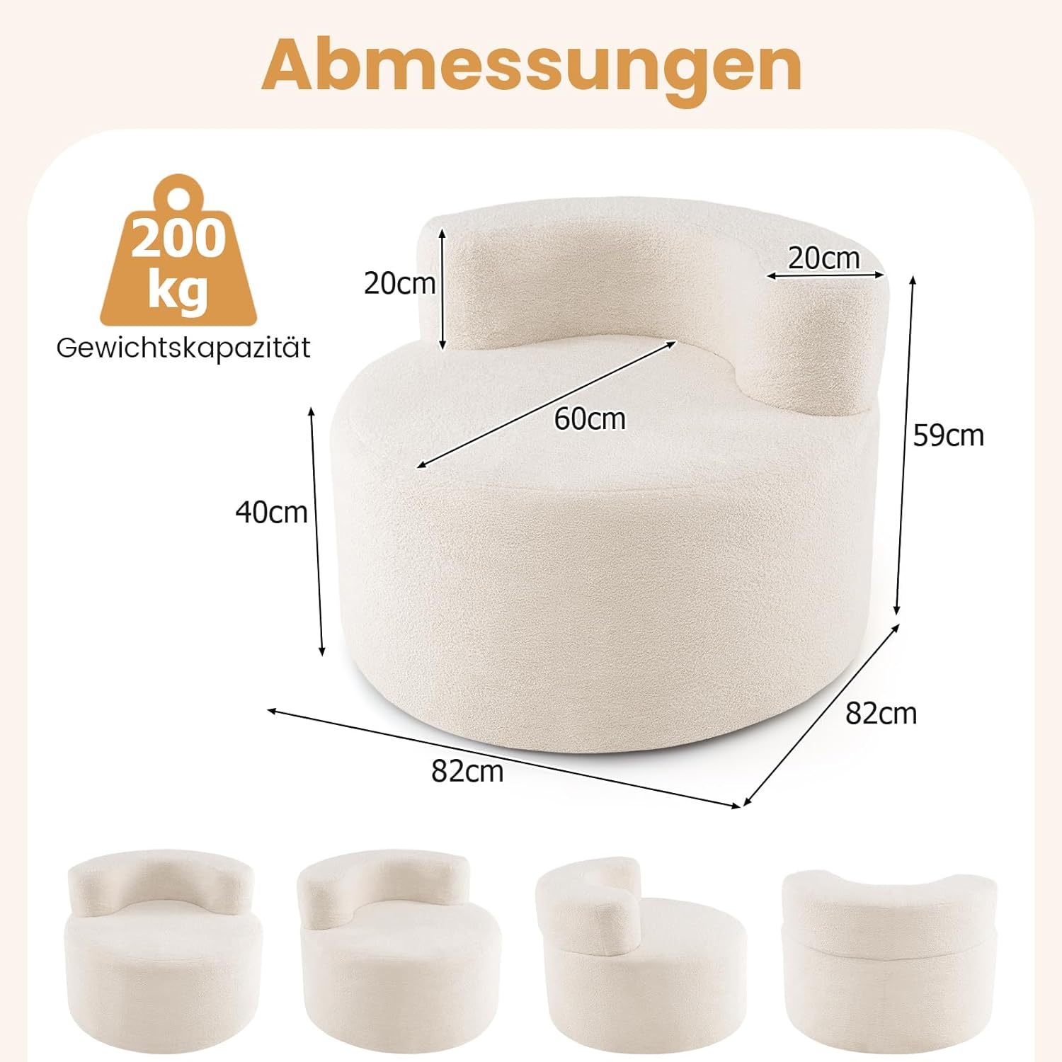 GOPLUS Einzelsofa rund, Sofa 82cm mit weichem Teddyfleece & geschwungener Rückenlehne, bequemer Einzelsessel mit abnehmbarem Bezug, Sofasessel für Wohnzimmer, Schlafzimmer, Projektionsraum (Beige)