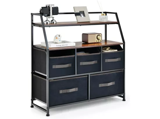 Commode Chambre 5 Tiroirs en Tissu, Meuble de Rangement Industriel avec 2 Étagères, Kit Anti-basculement Inclus, Commode Rangement Adulte Cadre en Métal pour Salon, Entrée, 84x30x85cm