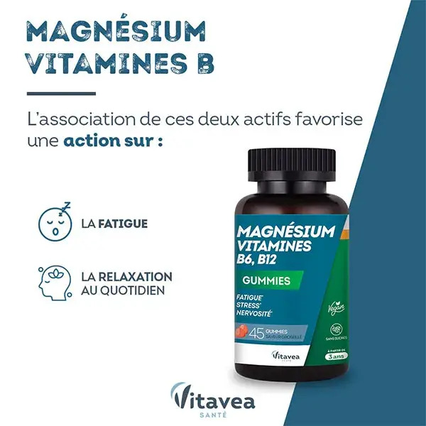 Vitavea Magnésium Vitamines B6, B12 Fatigue Stress Dès 3 ans 45 Gummies