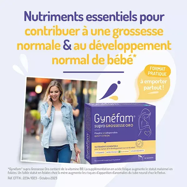 Gynefam Supra Pregnancy Oro, caixa com 28 sachês de pó orodispersível para 1 mês de gravidez.