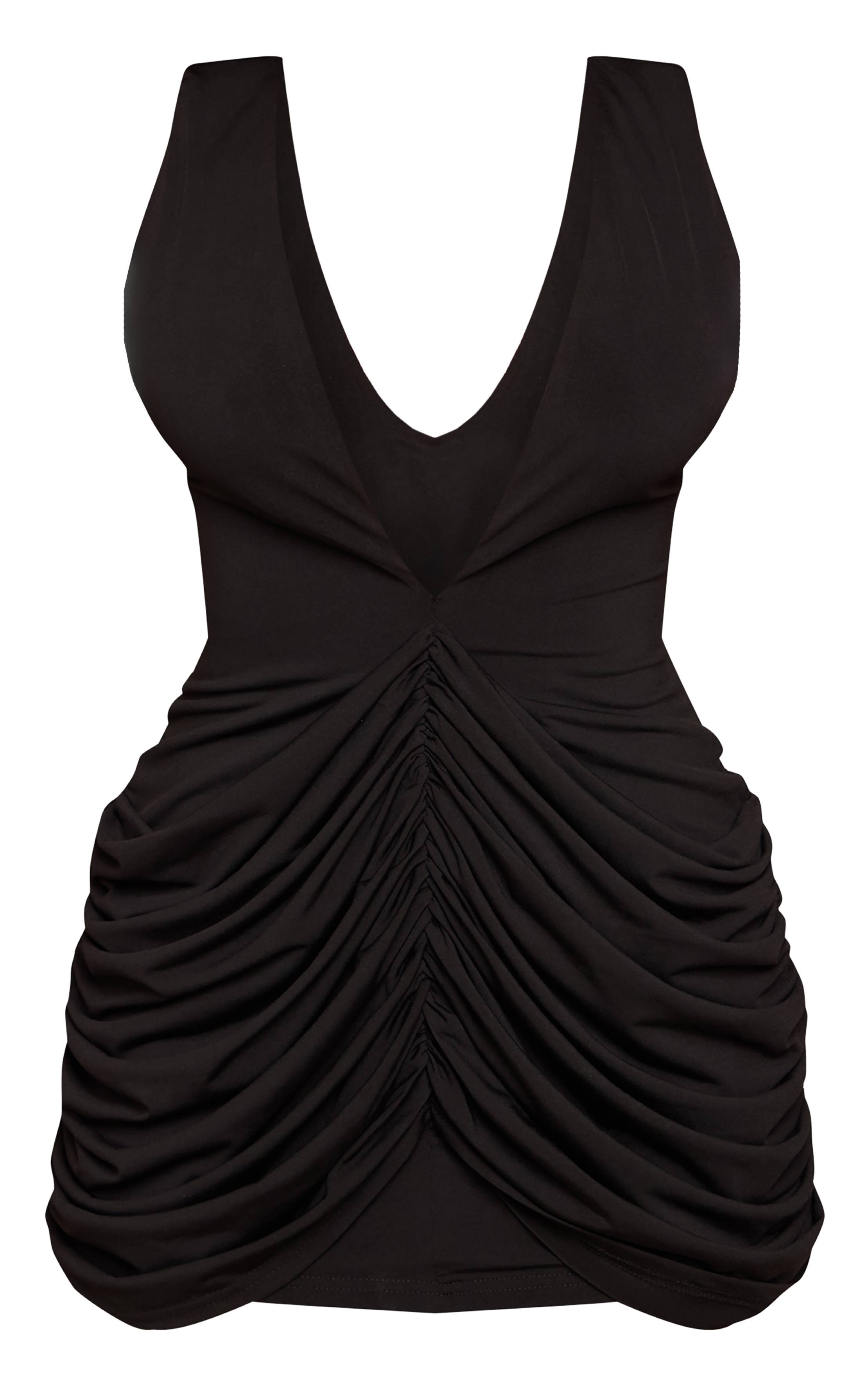 Noir Robe Mini Moulante À Jupe Drapée Et Décolleté Plongeant