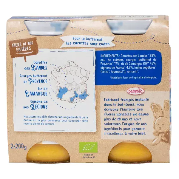 Babybio Jantar em Pot, Cenoura, Abóbora, Arroz, +6 meses, Orgânico, 2 x 200g