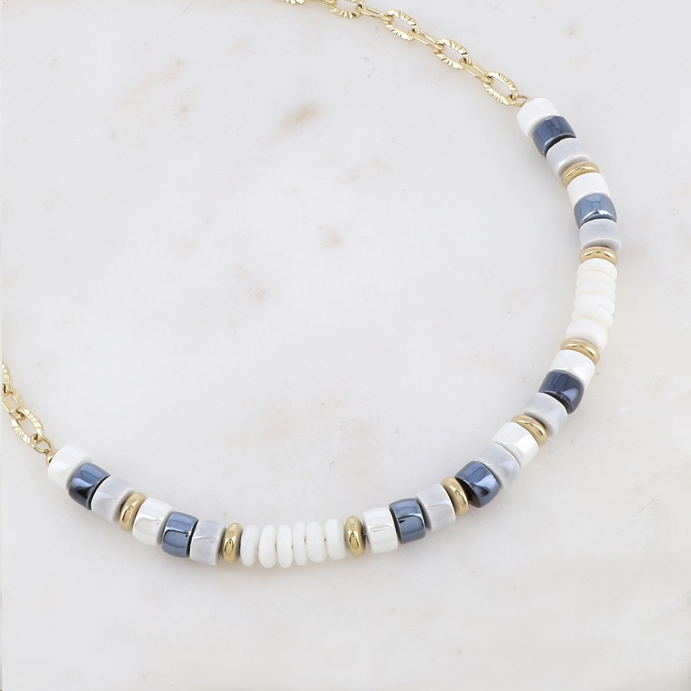 Collier - Perles céramique, coquillages & acier inoxydable