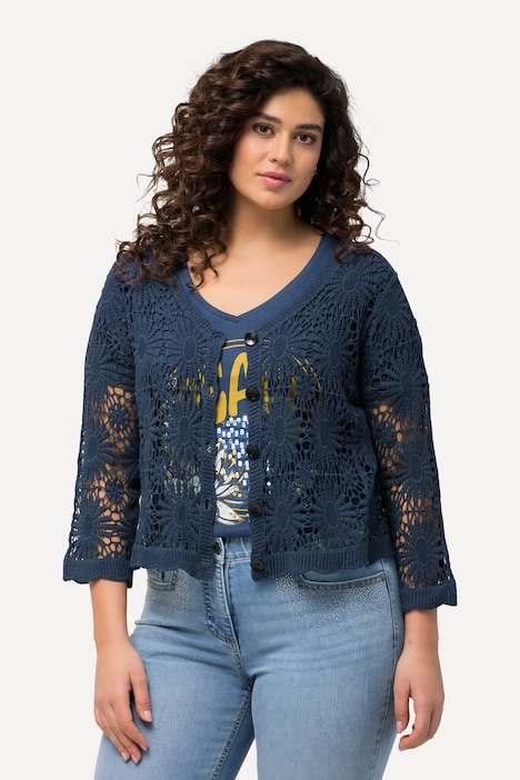Strickjacke, Musterstrick, V-Ausschnitt, 3/4-Arm