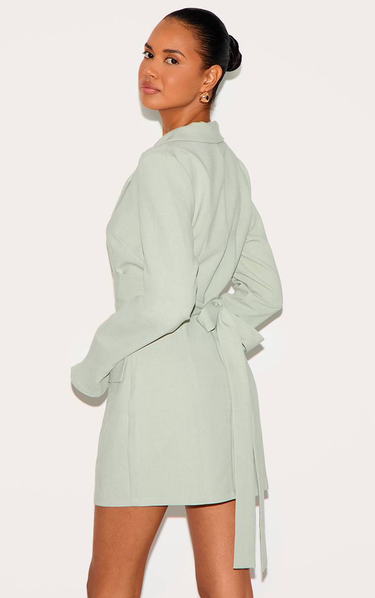 Vert Sauge Robe Blazer Ceinturée En Tissu Tissé